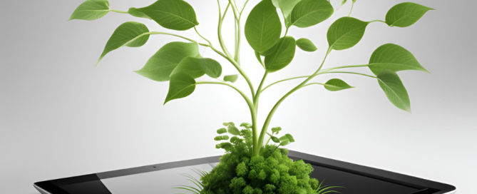 A modern, sleek electronic device with leaves or plants growing from it, symbolising the fusion of technology and nature.