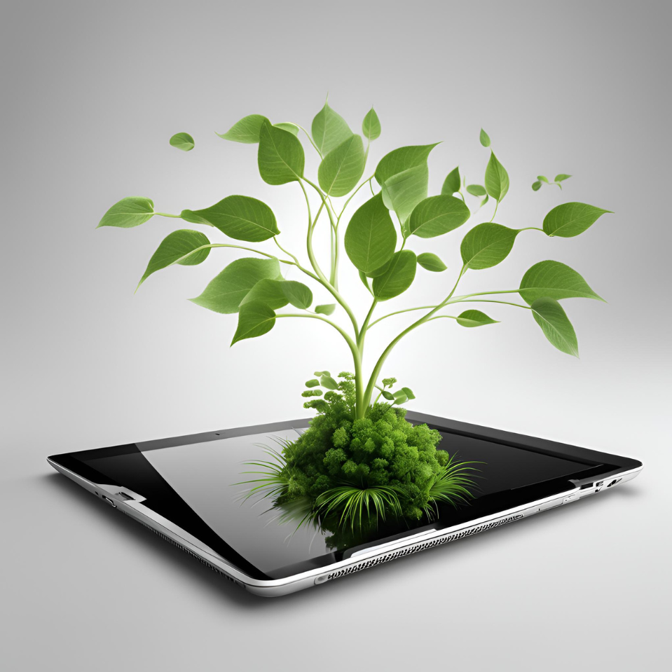 Tech with nature A modern, sleek electronic device with leaves or plants growing from it, symbolising the fusion of technology and nature.